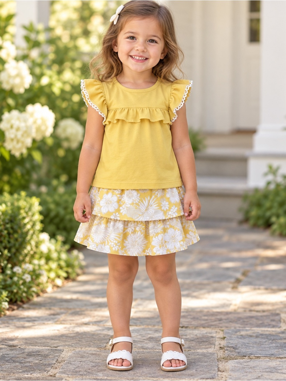 Janie and Jack Girls Size 3 Yellow Ruffle Top & Tropical Floral Skirt Outfit Set